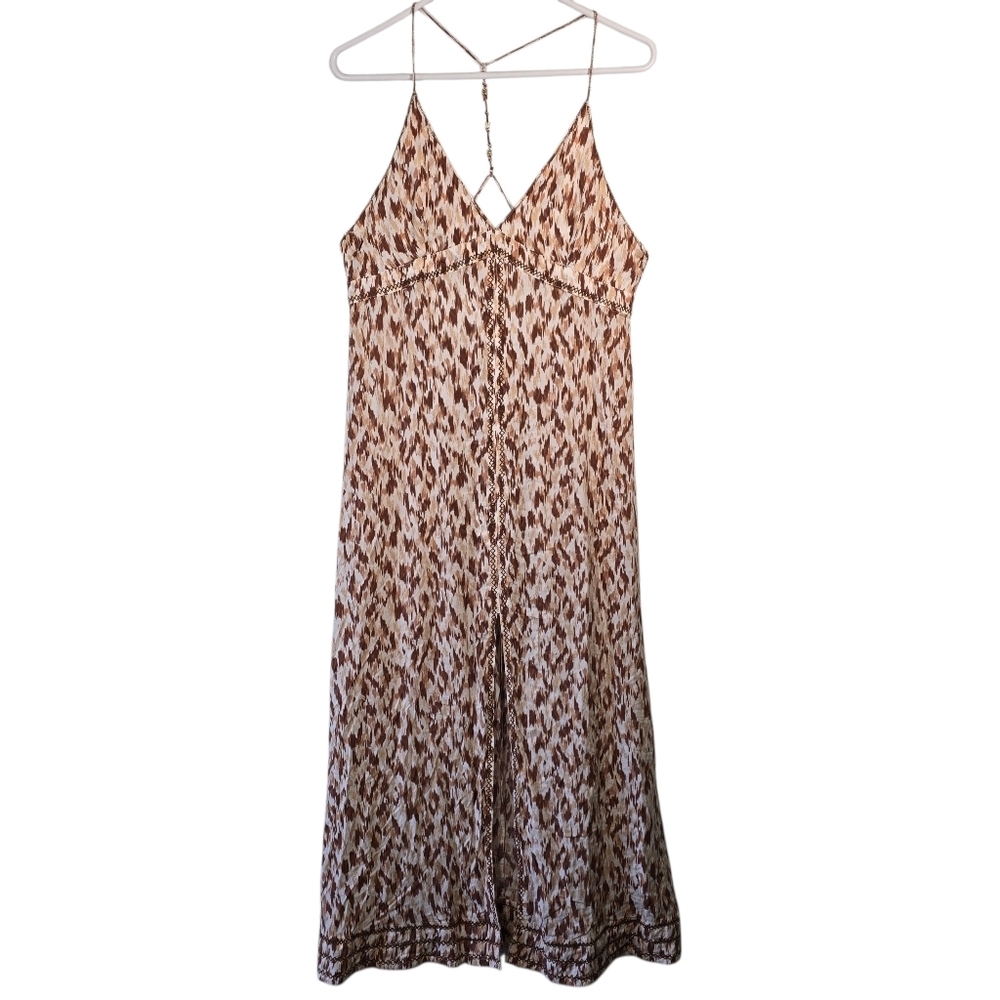 NWT aerie Leopard Print Spaghetti Strap Maxi Dress Beaded Strap Front Slit SizeL